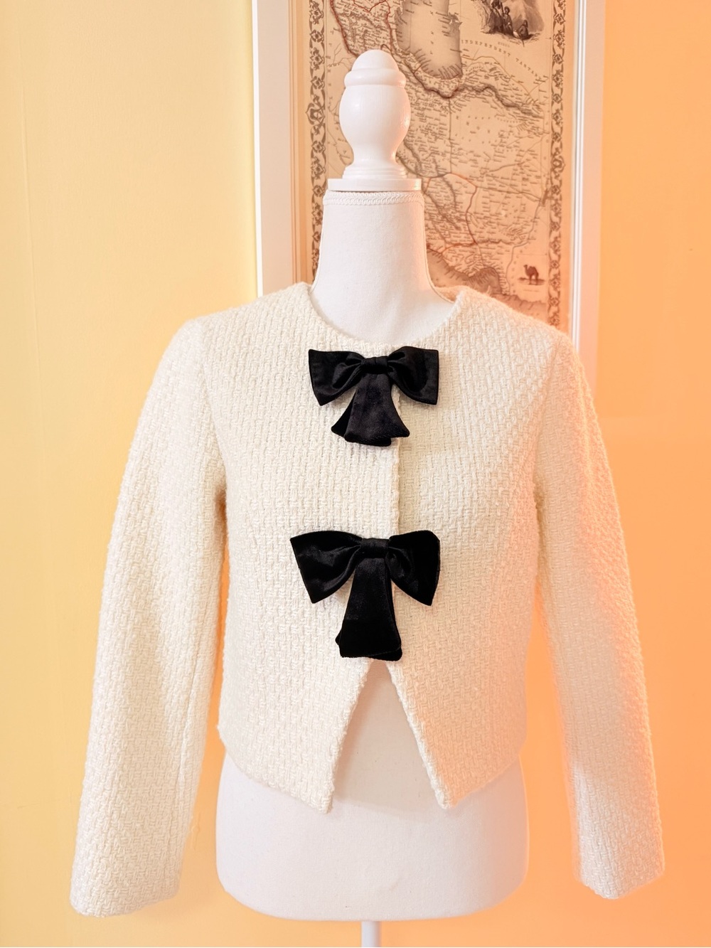 Avec Les Filles Ivory Bouclé Cropped Jacket with Black Velvet Bows